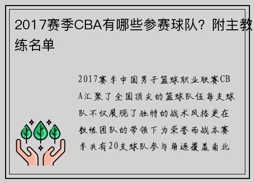 2017赛季CBA有哪些参赛球队？附主教练名单